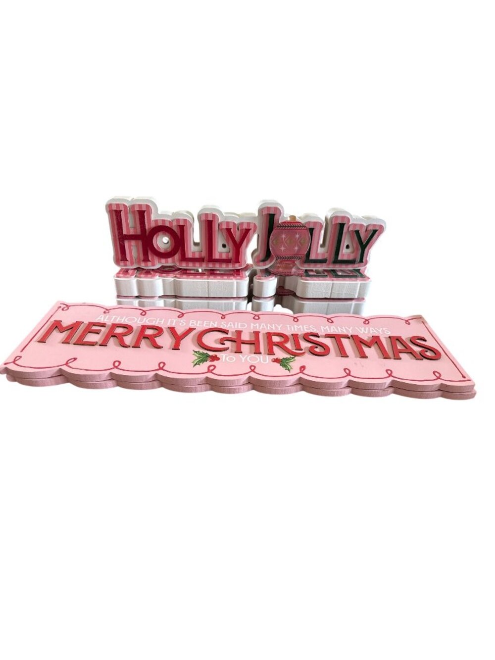 Holly Jolly & Merry Christmas Pink Wooden Decor Signs Festive Holiday Decoration